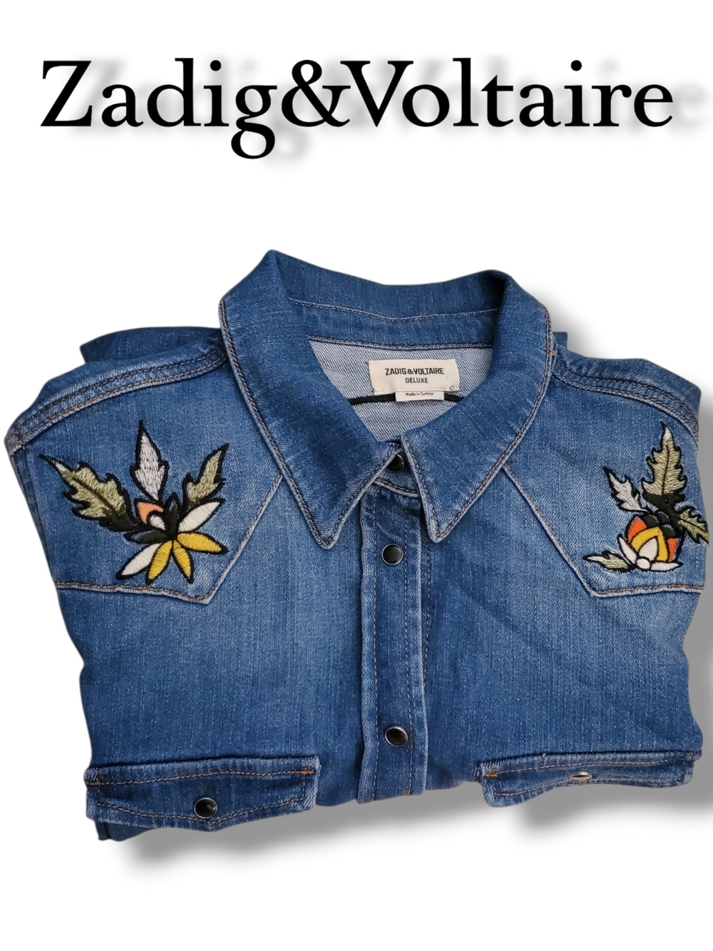 Zadig & Voltaire Deluxe Thelma Blue Embroidered Love Now Denim Shirt Jacket S - Picture 6 of 10